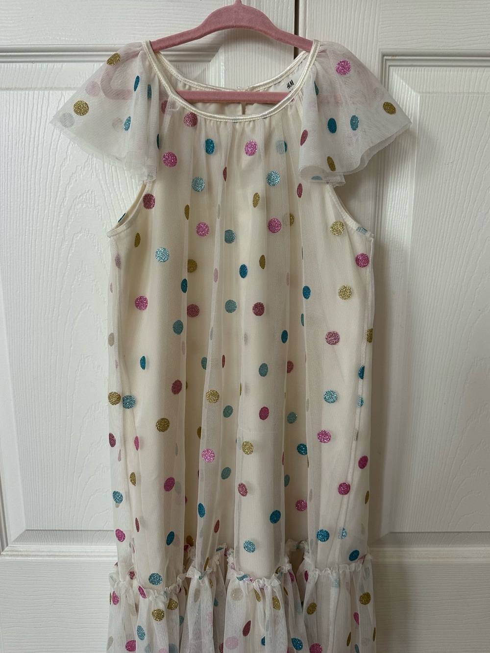 H&M - Cream Tulle Polka Dot Maxi Dress with Ruffle Hem